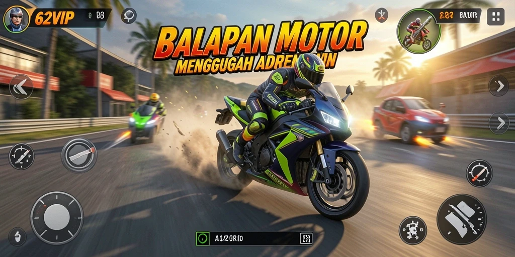 Screenshot gameplay 62VIP menampilkan balapan motor yang penuh aksi dan kecepatan.