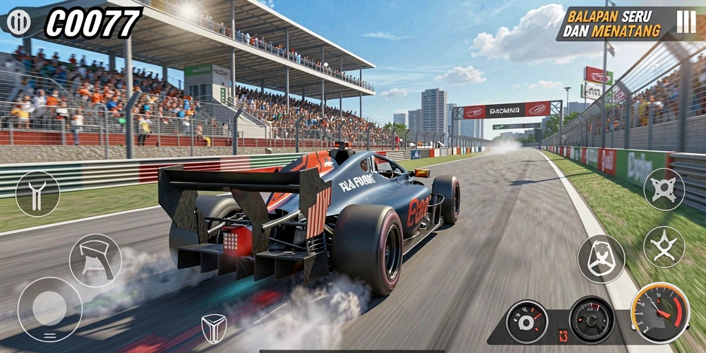 Tampilan gameplay C0077 yang mendebarkan di lintasan balap.