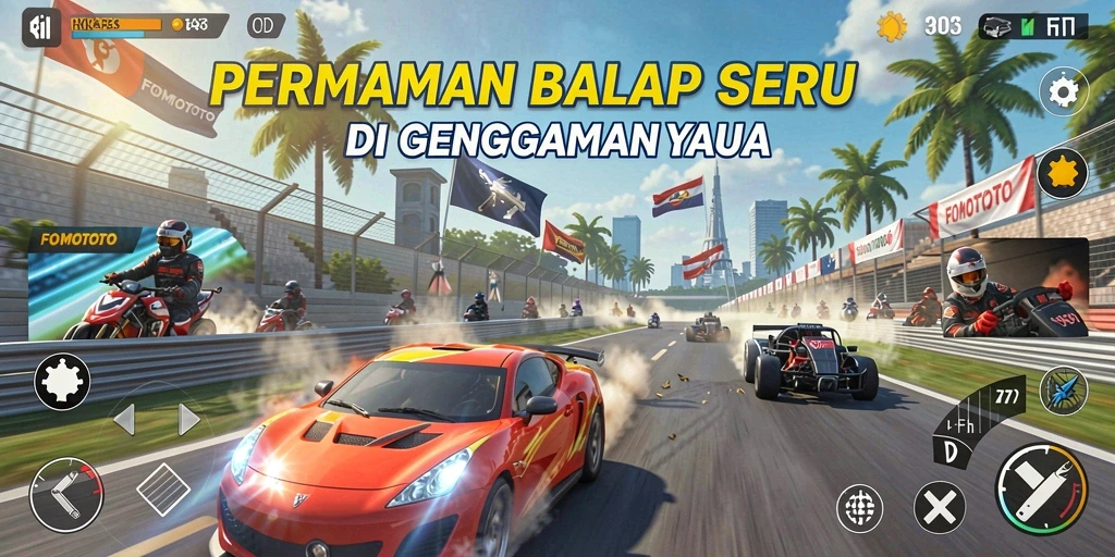 Tampilan gameplay seru dalam FOMOTOTO yang menampilkan balapan mendebarkan.