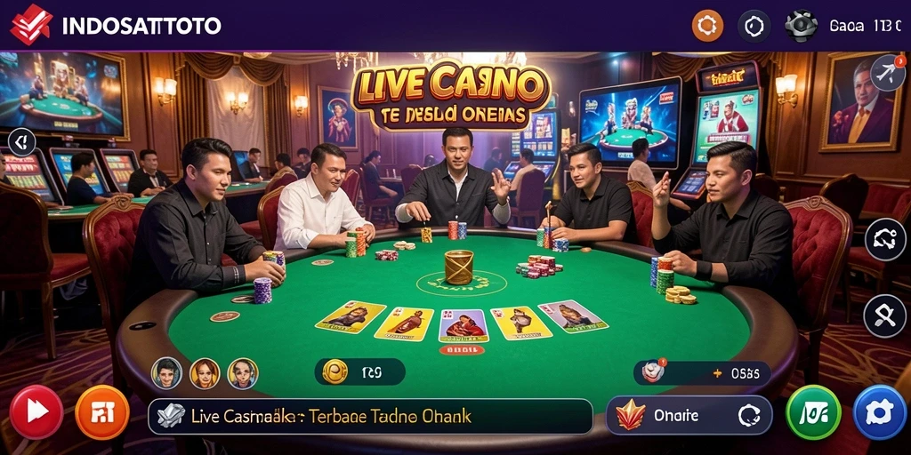 Screenshot gameplay INDOSATTOTO yang menunjukkan dealer langsung dan suasana kasino.