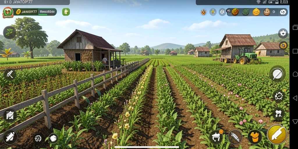 Screenshot gameplay menunjukkan kebun indah yang sedang dirawat.