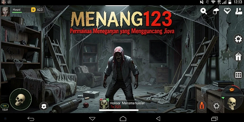 Tampilan gameplay MENANG123 menampilkan momen menakutkan dan suasana horor yang sangat mendebarkan.
