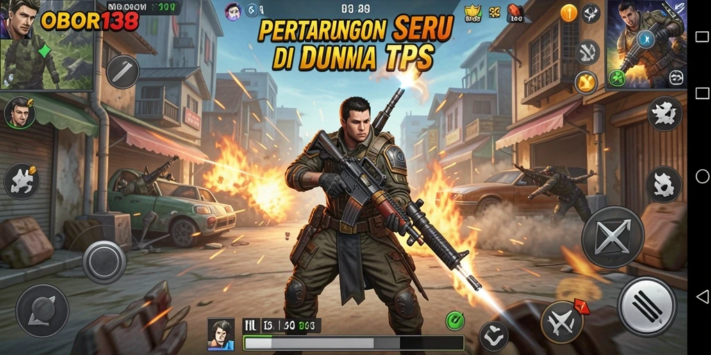 Tampilan seru gameplay OBOR138 saat pertarungan TPS berlangsung.