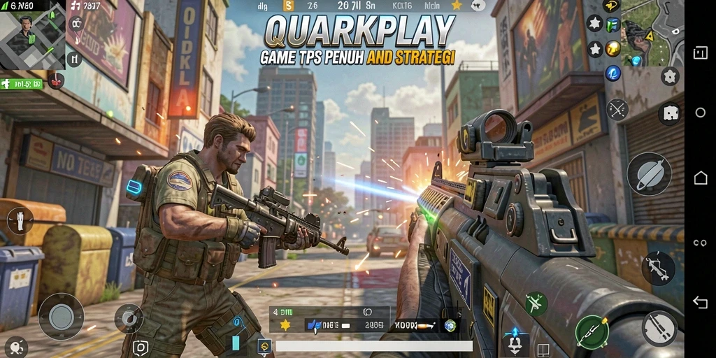 Tampilan mendebarkan dari gameplay QUARKPLAY dalam pertempuran TPS.