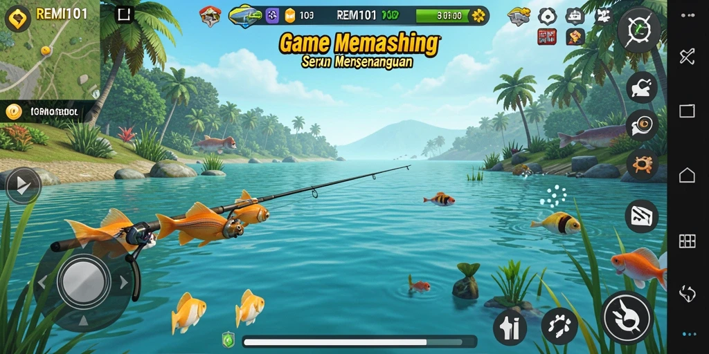 Gameplay REMI101 yang menampilkan keseruan memancing di berbagai lokasi.