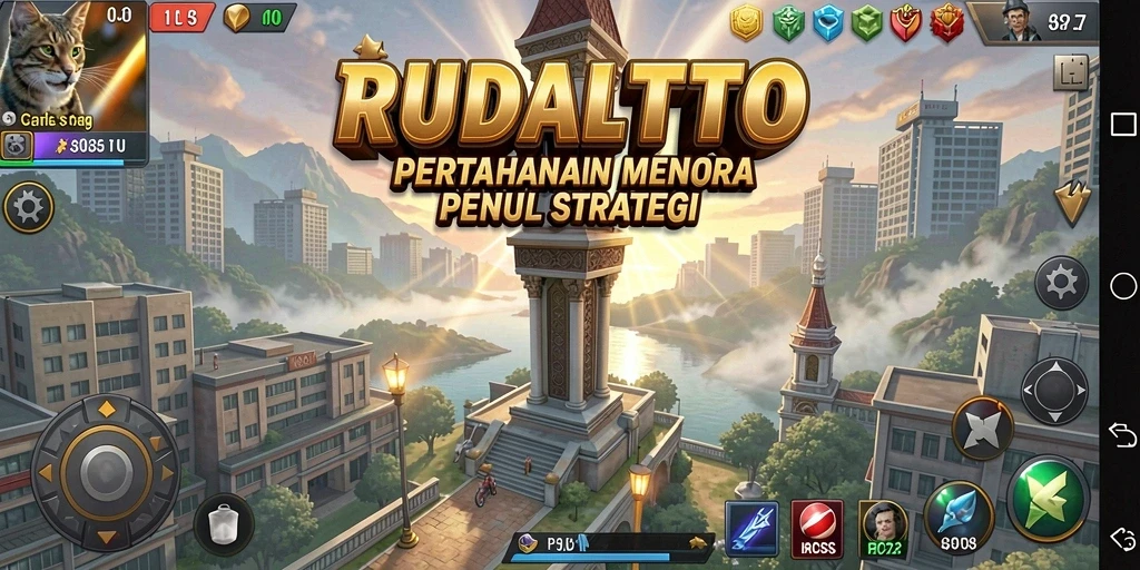 Screenshot RUDALTOTO menunjukkan aksi gameplay Tower Defense yang intens.