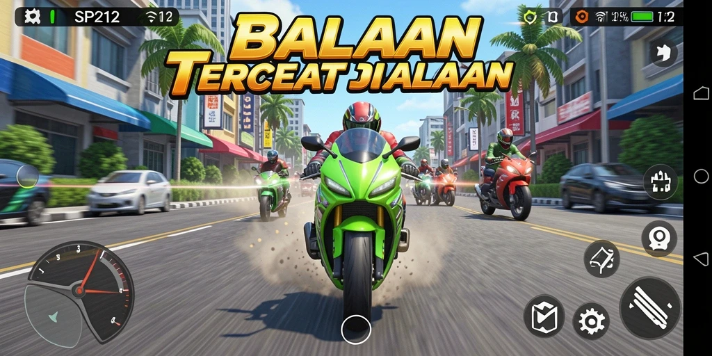 Tampilan gameplay SP212 menunjukkan balapan motor yang seru dan grafis yang memukau.